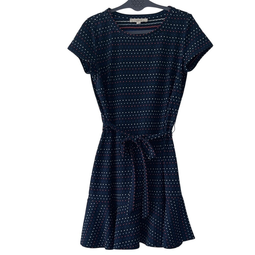 LOFT Navy Dot Ruffle dress with Belt Medium